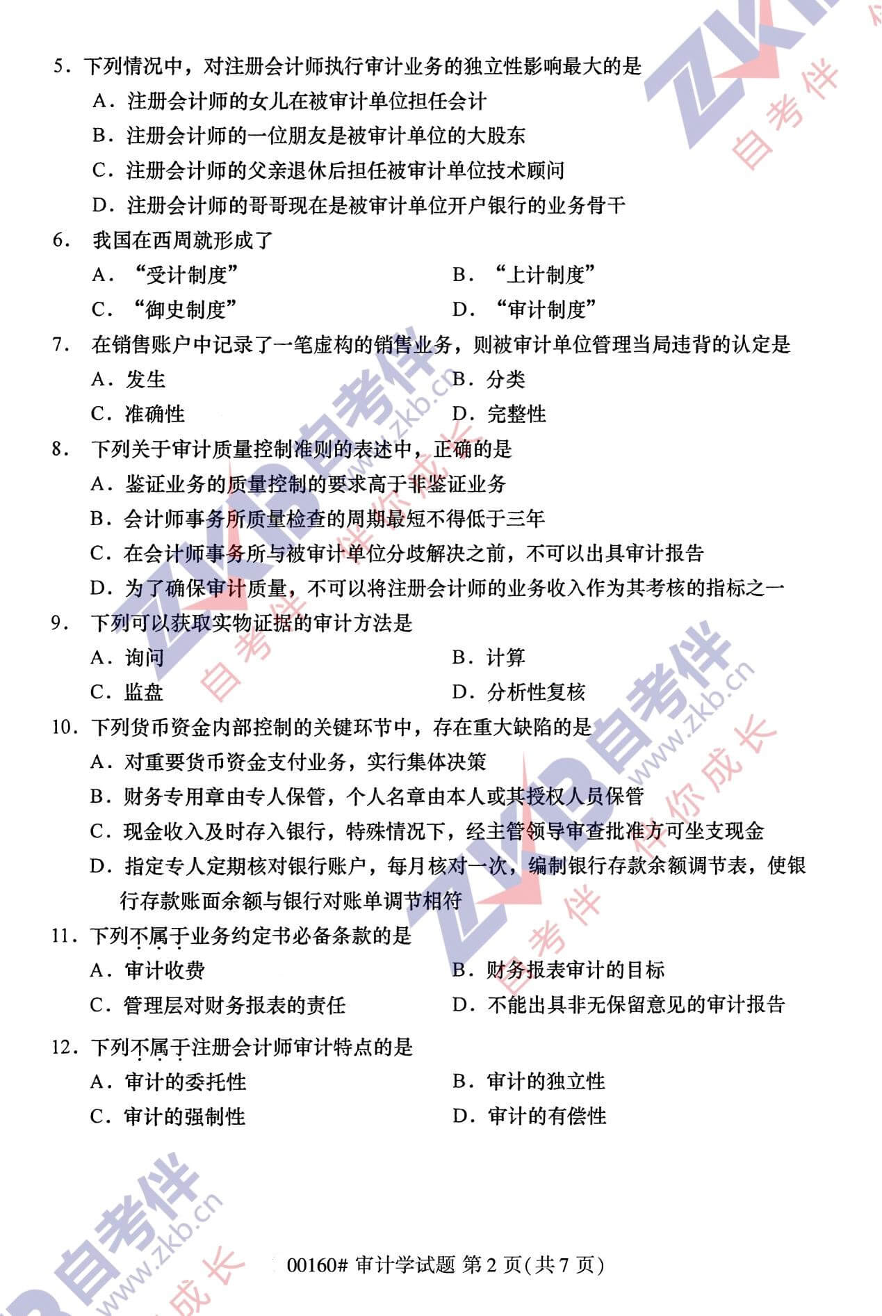 2021年10月福建自考00160審計學(xué)試卷